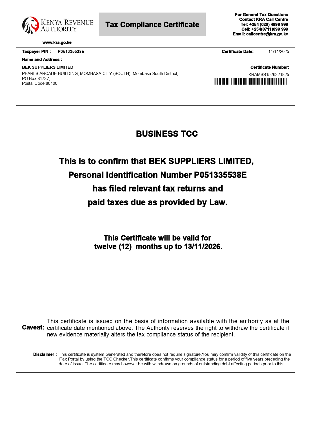 KRA PIN Certificate